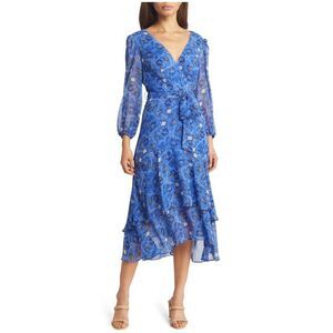 NWT Eliza J Floral Long Sleeve Chiffon Midi Dress in blue print Size 12